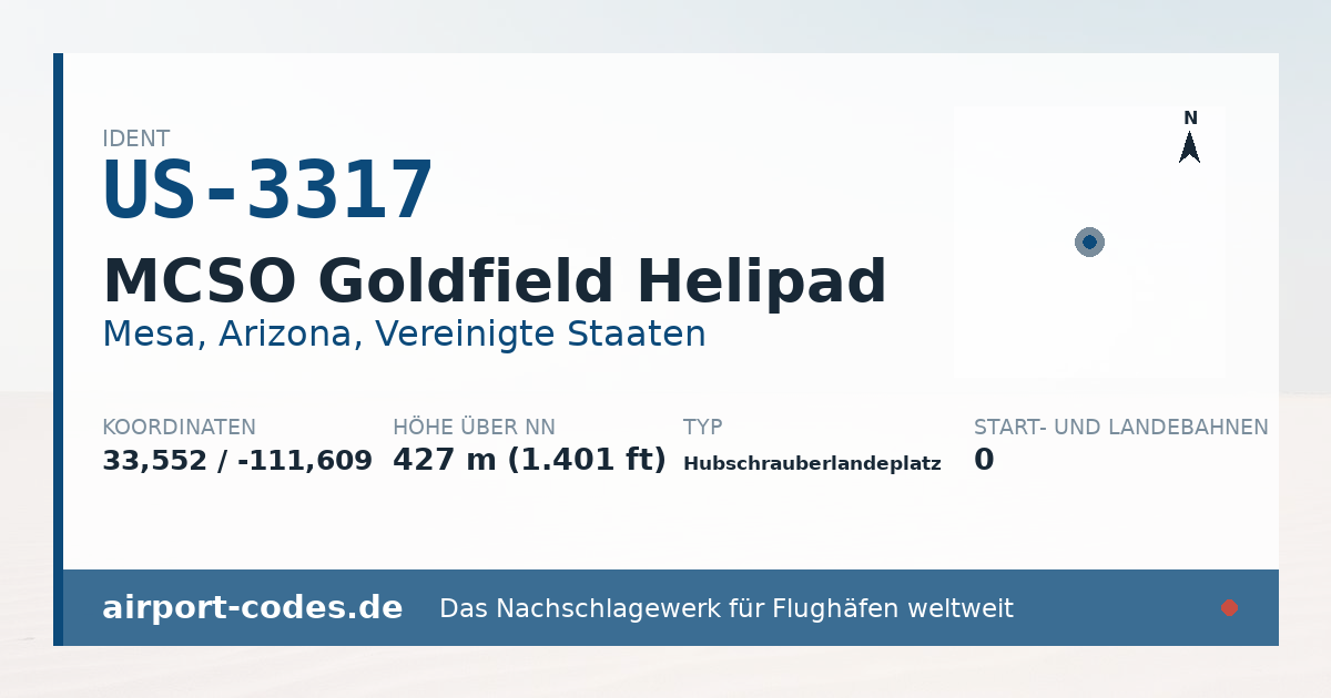 Generierte Übersichtsgrafik zum Flughafen MCSO Goldfield Helipad mit Codes, Koordinaten und Bahnenskizze