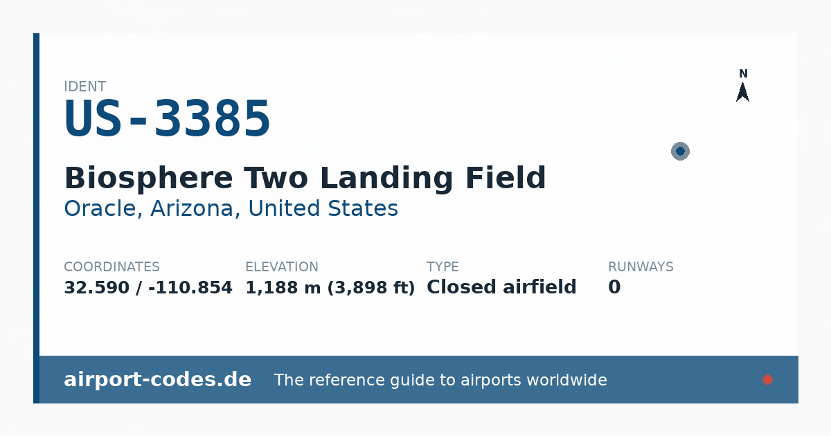 Generated summary graphic for Biosphere Two Landing Field showing codes, coordinates and a runway sketch
