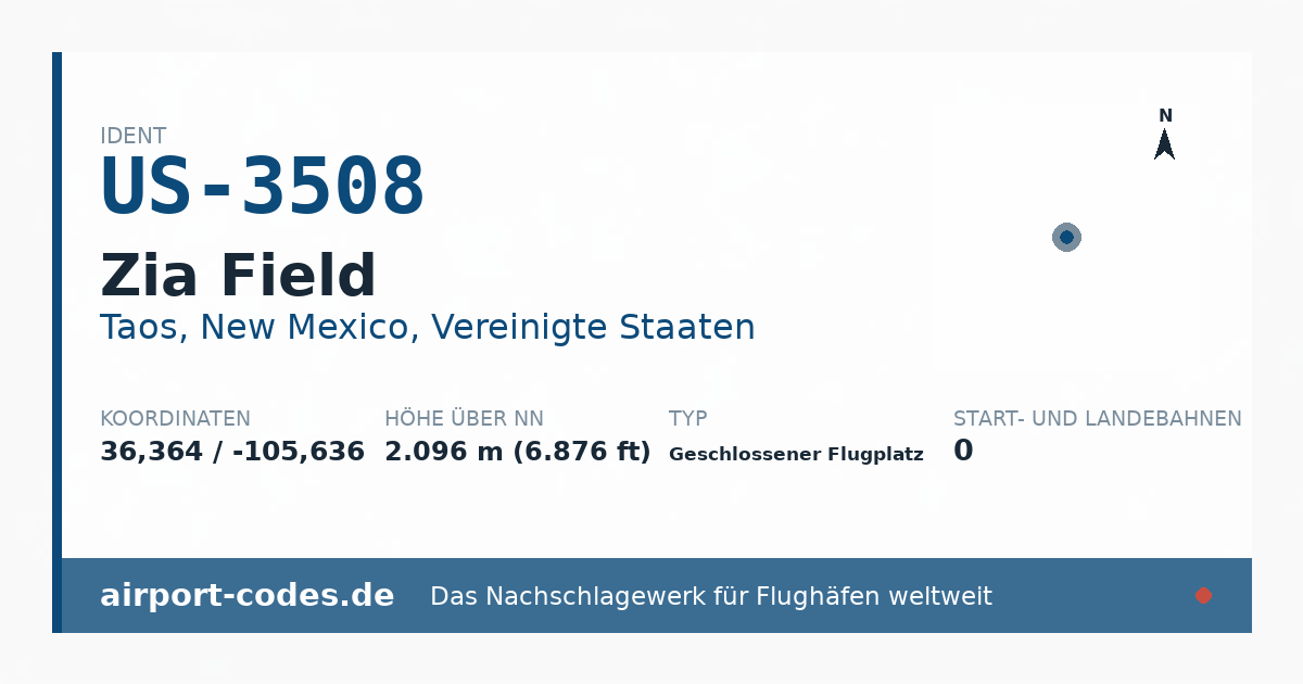 Generierte Übersichtsgrafik zum Flughafen Zia Field mit Codes, Koordinaten und Bahnenskizze