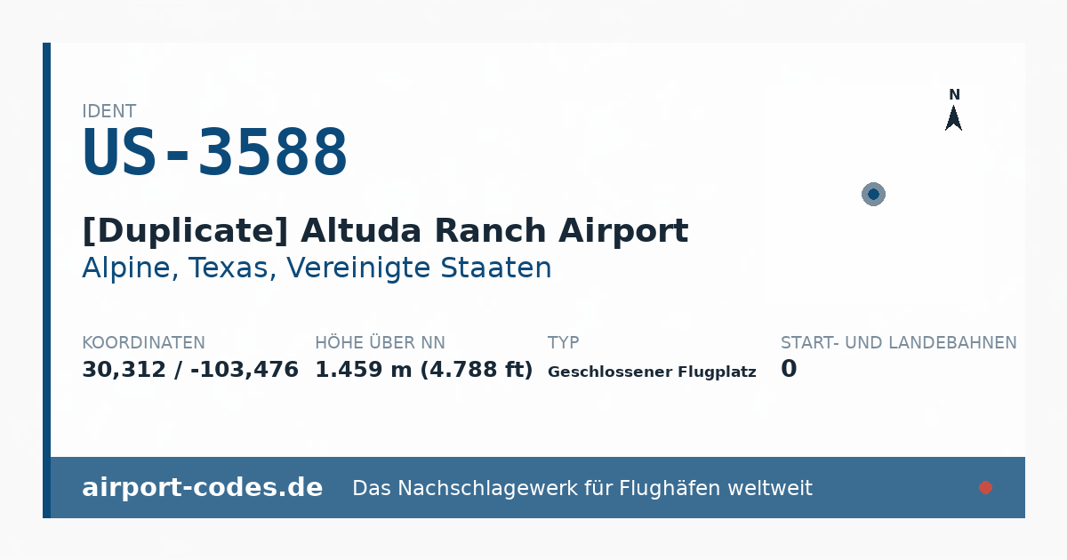 Generierte Übersichtsgrafik zum Flughafen [Duplicate] Altuda Ranch Airport mit Codes, Koordinaten und Bahnenskizze