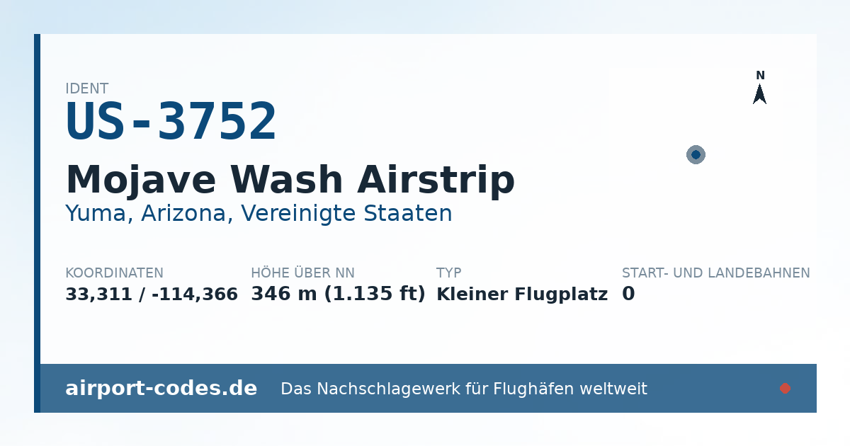 Generierte Übersichtsgrafik zum Flughafen Mojave Wash Airstrip mit Codes, Koordinaten und Bahnenskizze