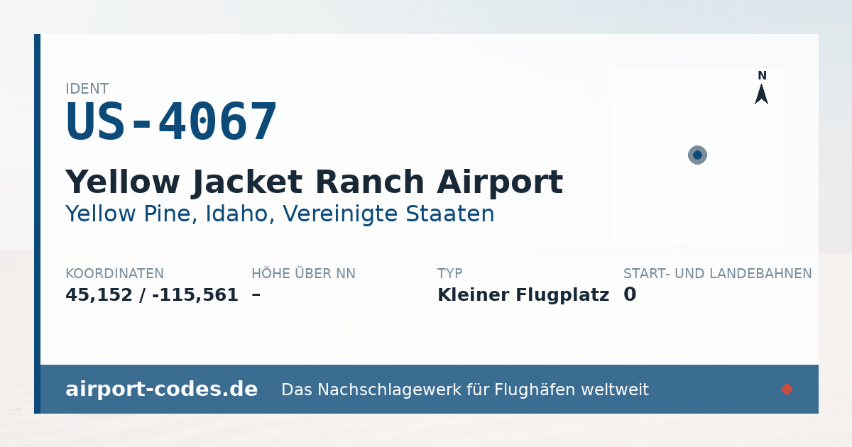 Generierte Übersichtsgrafik zum Flughafen Yellow Jacket Ranch Airport mit Codes, Koordinaten und Bahnenskizze