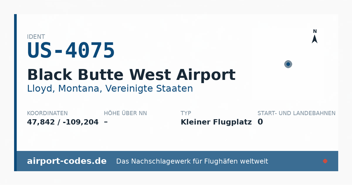 Generierte Übersichtsgrafik zum Flughafen Black Butte West Airport mit Codes, Koordinaten und Bahnenskizze