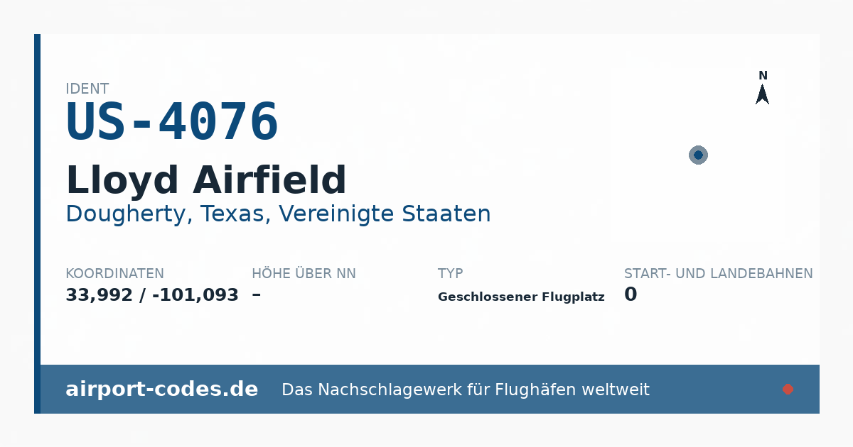 Generierte Übersichtsgrafik zum Flughafen Lloyd Airfield mit Codes, Koordinaten und Bahnenskizze