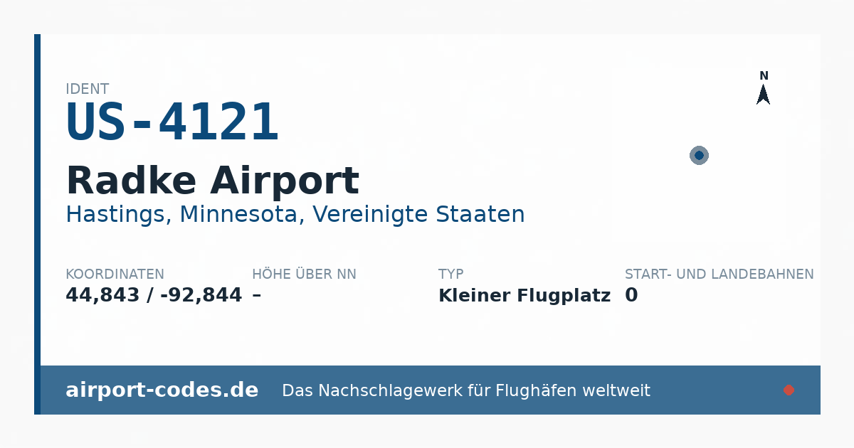 Generierte Übersichtsgrafik zum Flughafen Radke Airport mit Codes, Koordinaten und Bahnenskizze