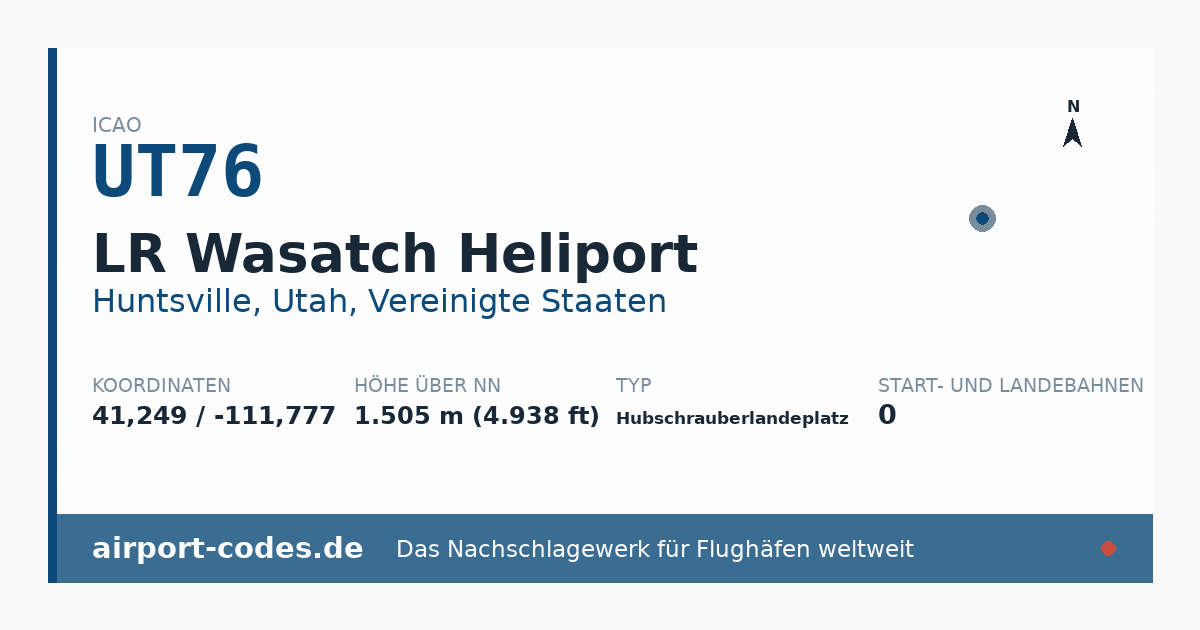 Generierte Übersichtsgrafik zum Flughafen LR Wasatch Heliport mit Codes, Koordinaten und Bahnenskizze