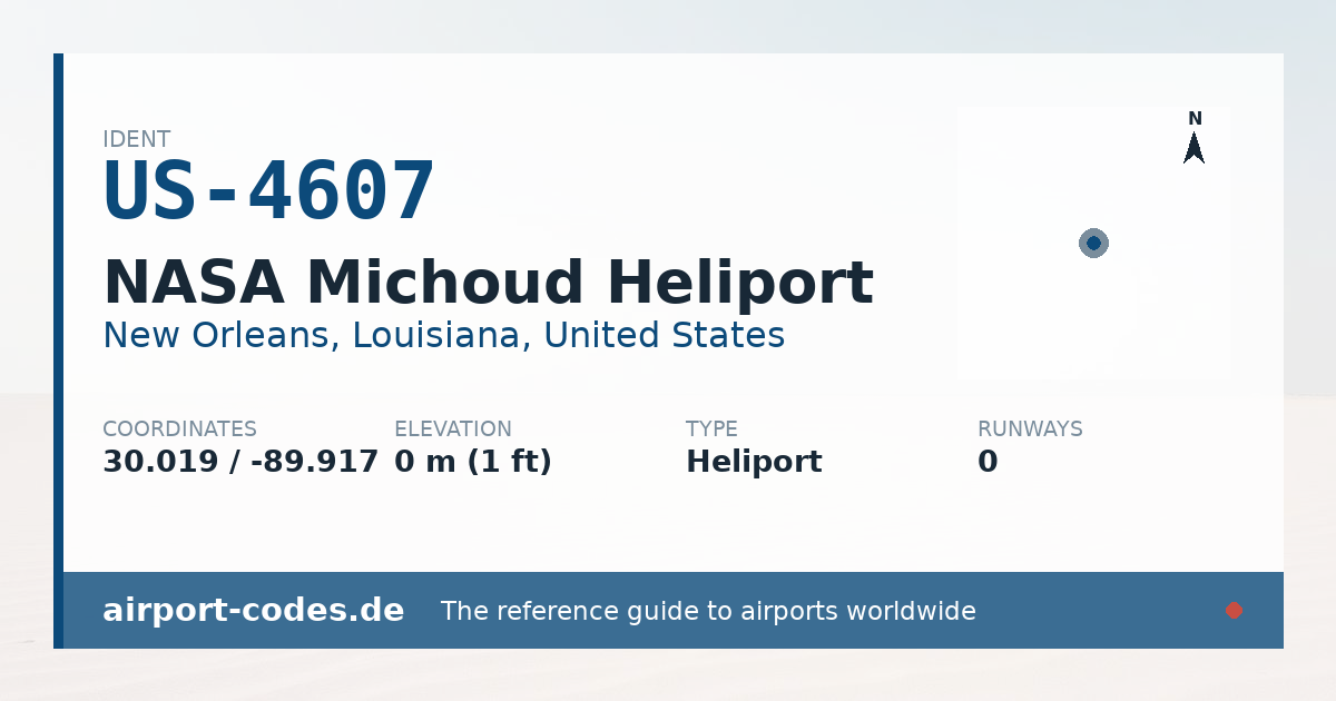 Generated summary graphic for NASA Michoud Heliport showing codes, coordinates and a runway sketch