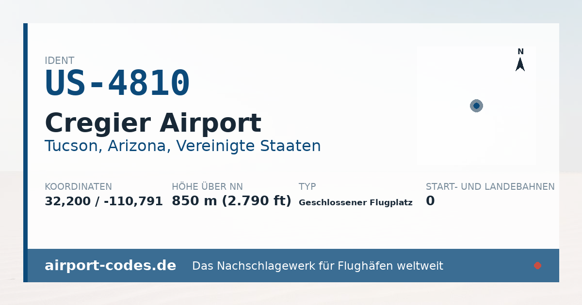 Generierte Übersichtsgrafik zum Flughafen Cregier Airport mit Codes, Koordinaten und Bahnenskizze