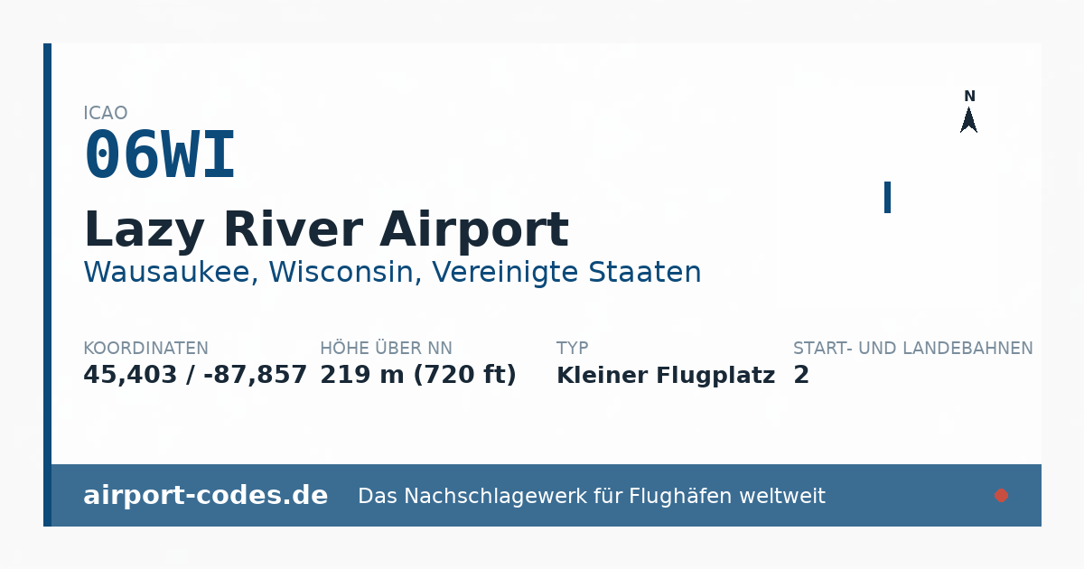 Generierte Übersichtsgrafik zum Flughafen Lazy River Airport mit Codes, Koordinaten und Bahnenskizze