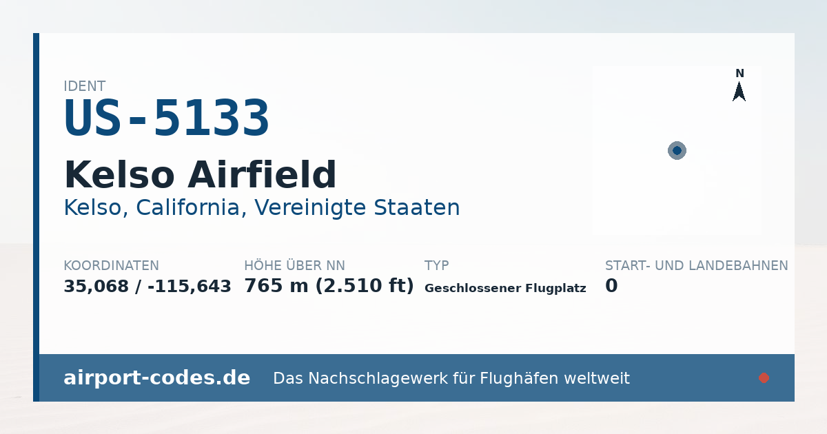 Generierte Übersichtsgrafik zum Flughafen Kelso Airfield mit Codes, Koordinaten und Bahnenskizze