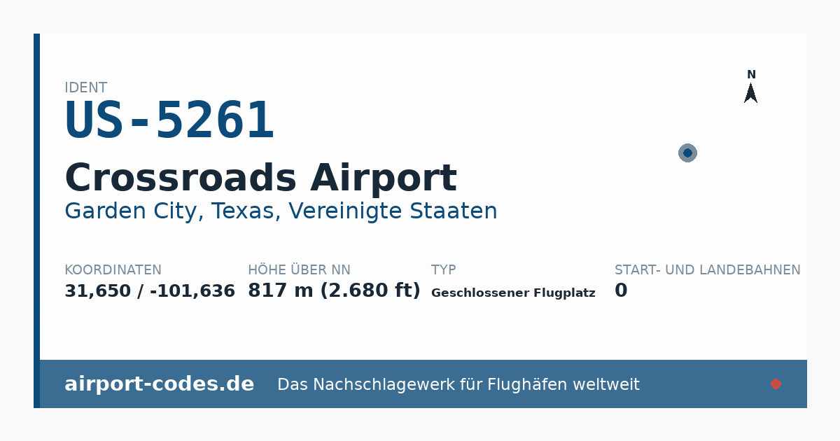 Generierte Übersichtsgrafik zum Flughafen Crossroads Airport mit Codes, Koordinaten und Bahnenskizze