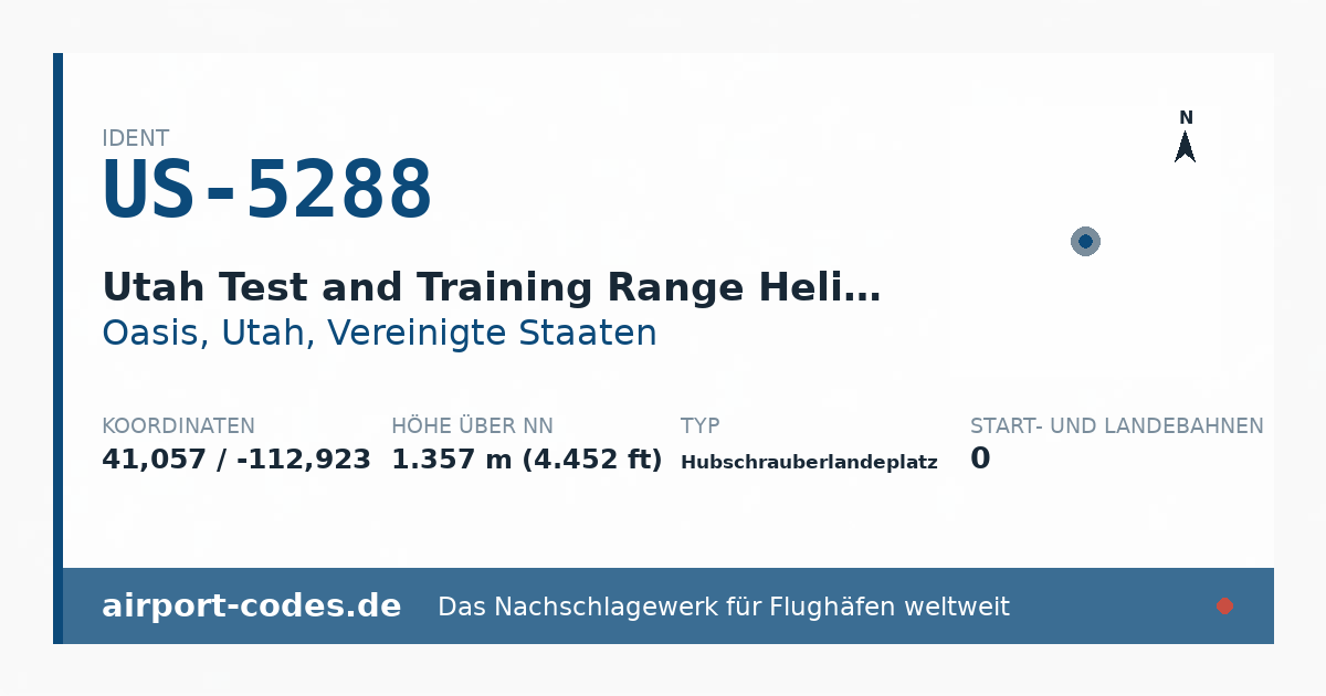 Generierte Übersichtsgrafik zum Flughafen Utah Test and Training Range Heliport mit Codes, Koordinaten und Bahnenskizze