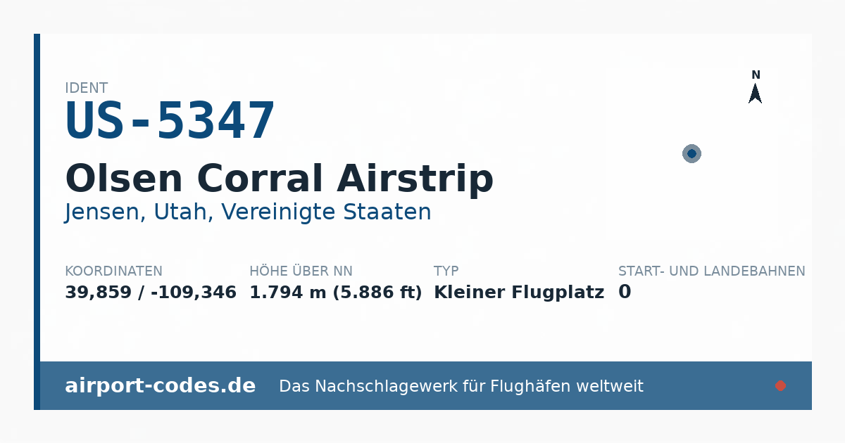 Generierte Übersichtsgrafik zum Flughafen Olsen Corral Airstrip mit Codes, Koordinaten und Bahnenskizze