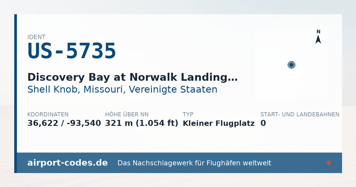 Generierte Übersichtsgrafik zum Flughafen Discovery Bay at Norwalk Landing Airport mit Codes, Koordinaten und Bahnenskizze