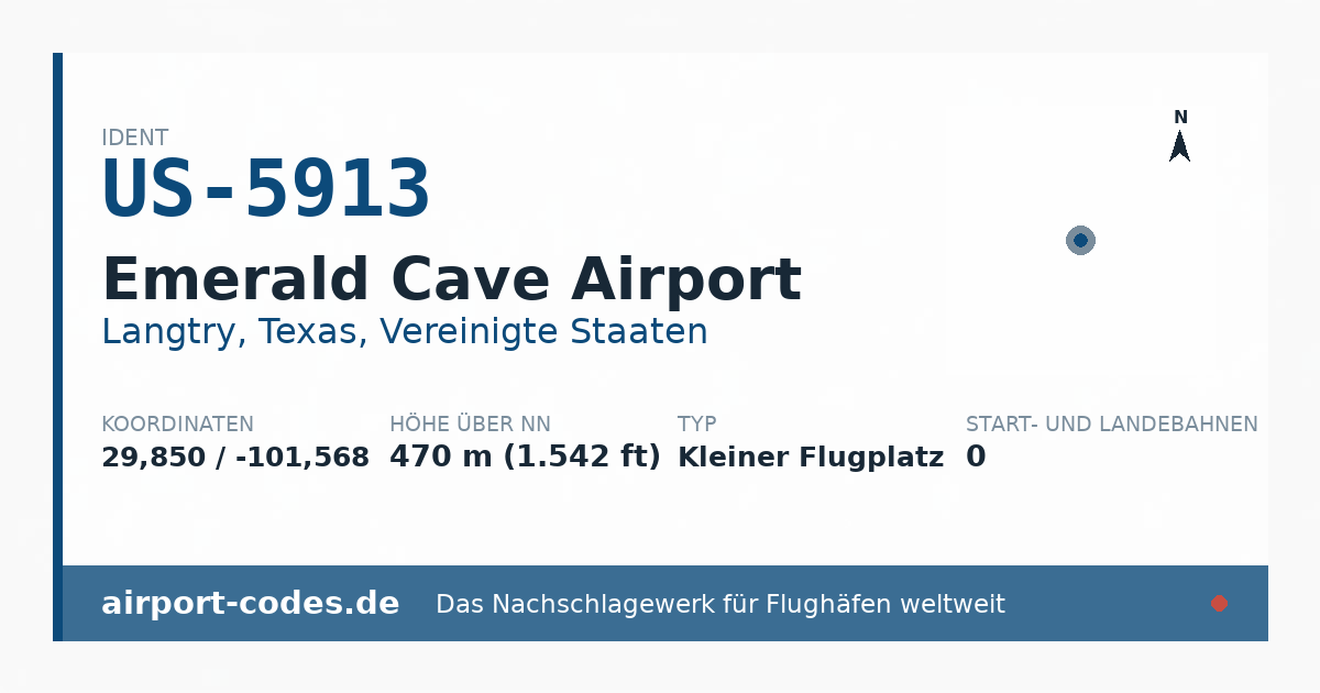 Generierte Übersichtsgrafik zum Flughafen Emerald Cave Airport mit Codes, Koordinaten und Bahnenskizze
