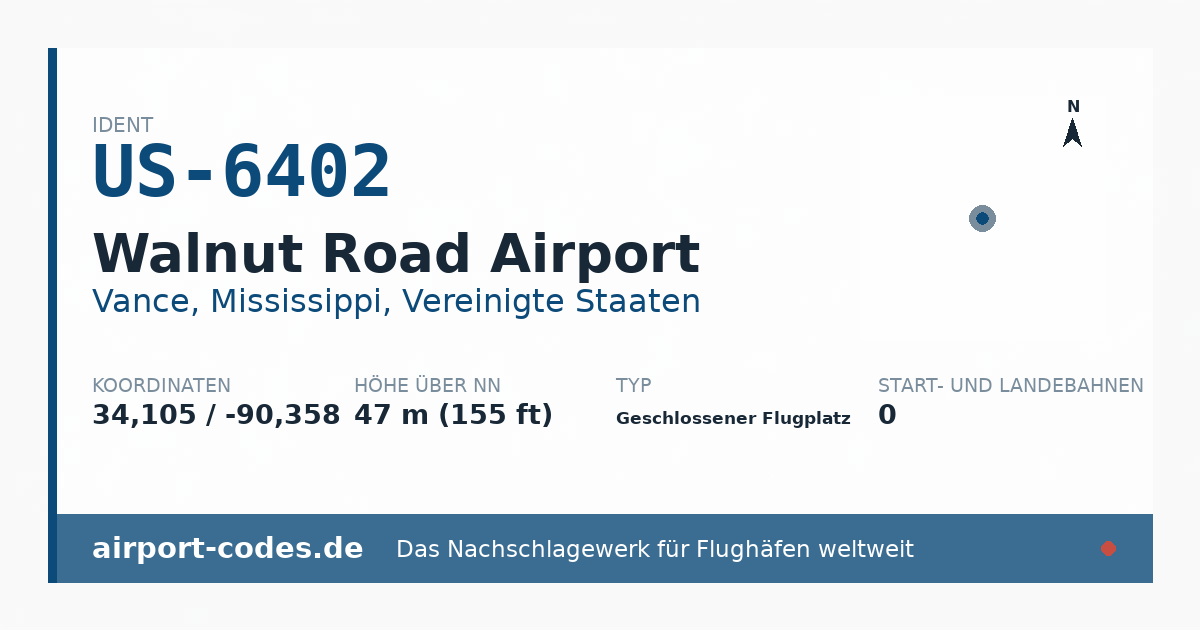 Generierte Übersichtsgrafik zum Flughafen Walnut Road Airport mit Codes, Koordinaten und Bahnenskizze