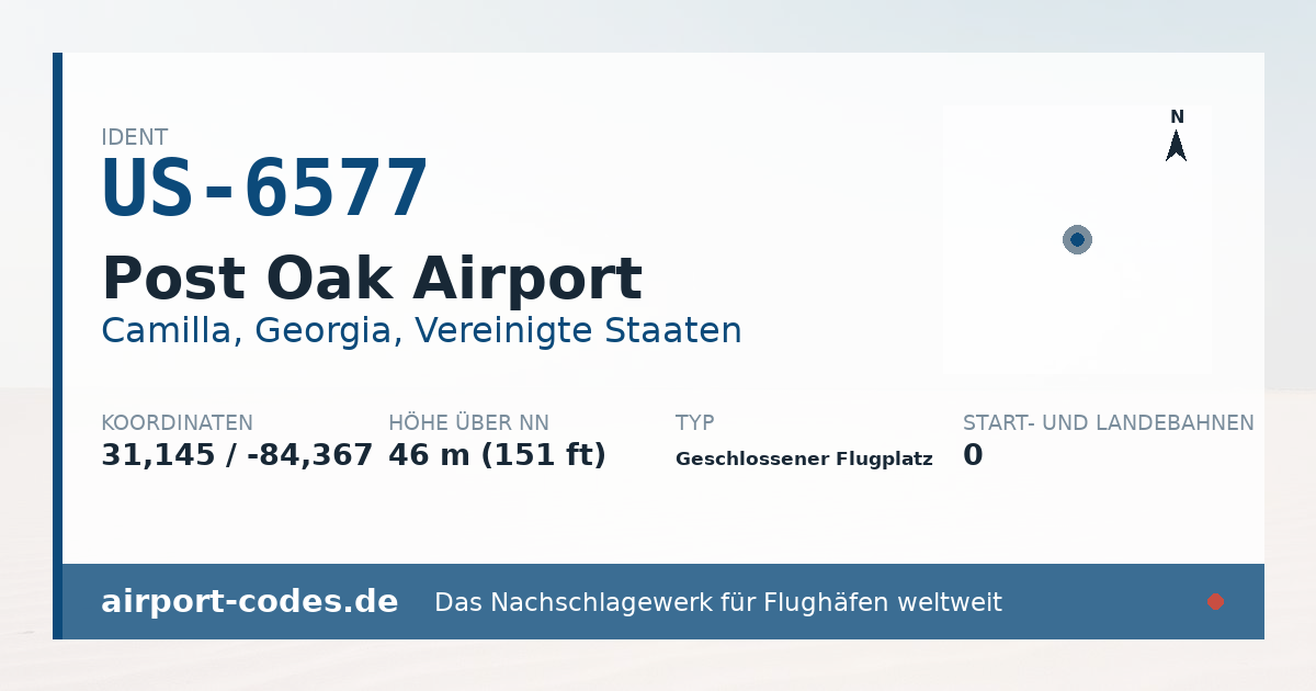 Generierte Übersichtsgrafik zum Flughafen Post Oak Airport mit Codes, Koordinaten und Bahnenskizze