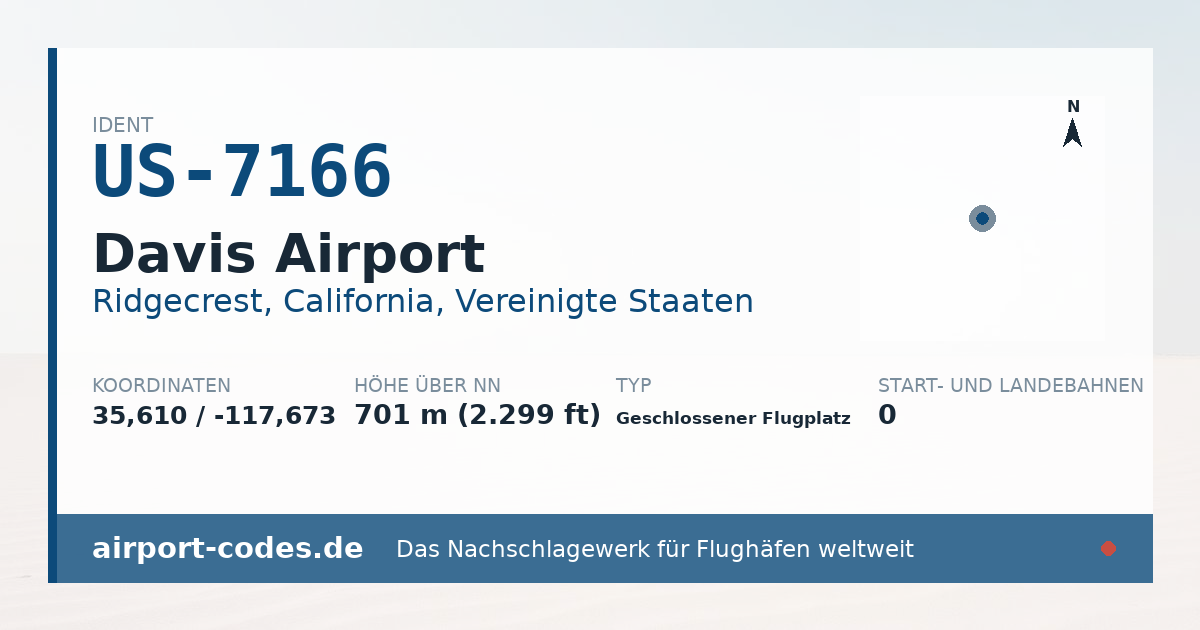 Generierte Übersichtsgrafik zum Flughafen Davis Airport mit Codes, Koordinaten und Bahnenskizze