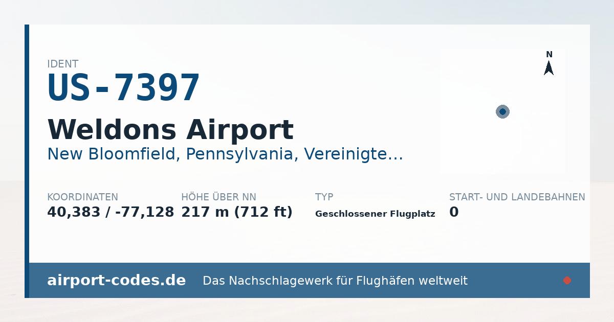 Generierte Übersichtsgrafik zum Flughafen Weldons Airport mit Codes, Koordinaten und Bahnenskizze