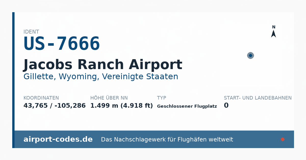 Generierte Übersichtsgrafik zum Flughafen Jacobs Ranch Airport mit Codes, Koordinaten und Bahnenskizze