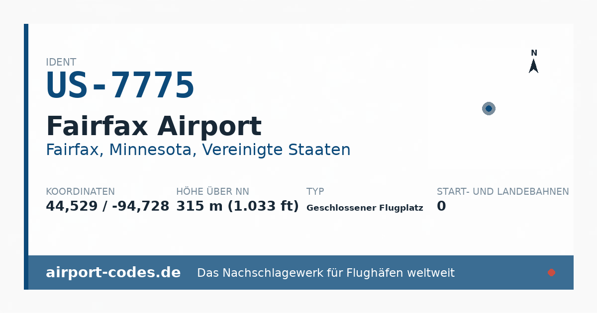 Generierte Übersichtsgrafik zum Flughafen Fairfax Airport mit Codes, Koordinaten und Bahnenskizze