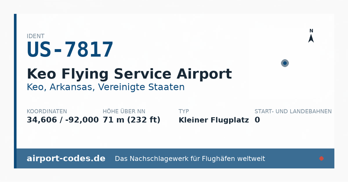 Generierte Übersichtsgrafik zum Flughafen Keo Flying Service Airport mit Codes, Koordinaten und Bahnenskizze