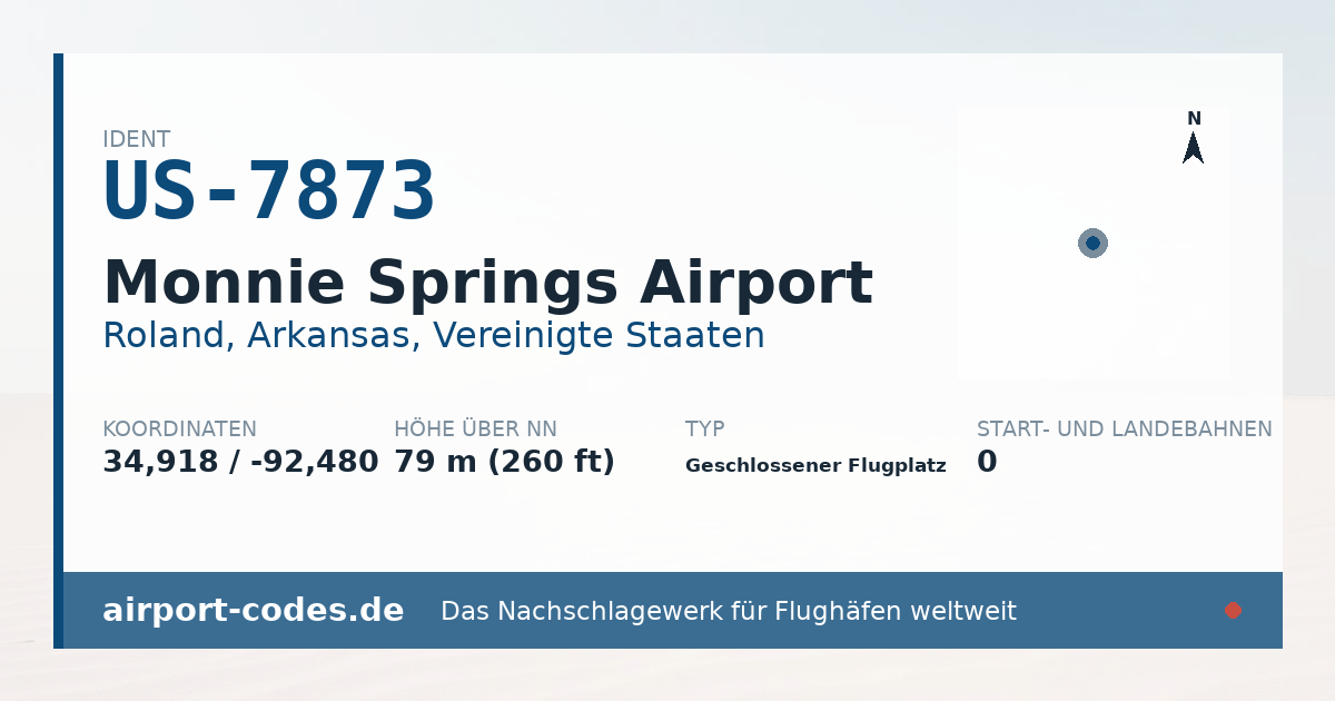 Generierte Übersichtsgrafik zum Flughafen Monnie Springs Airport mit Codes, Koordinaten und Bahnenskizze