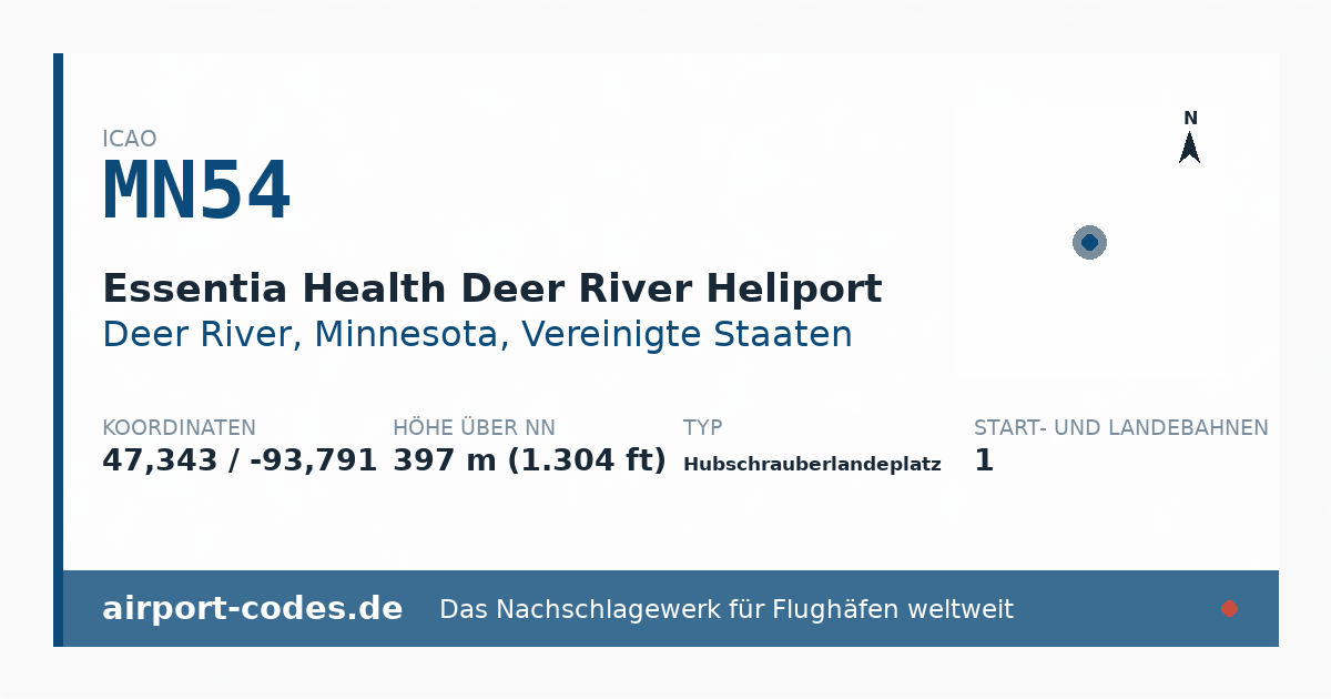 Generierte Übersichtsgrafik zum Flughafen Essentia Health Deer River Heliport mit Codes, Koordinaten und Bahnenskizze