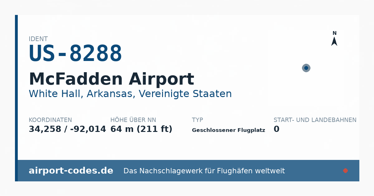 Generierte Übersichtsgrafik zum Flughafen McFadden Airport mit Codes, Koordinaten und Bahnenskizze