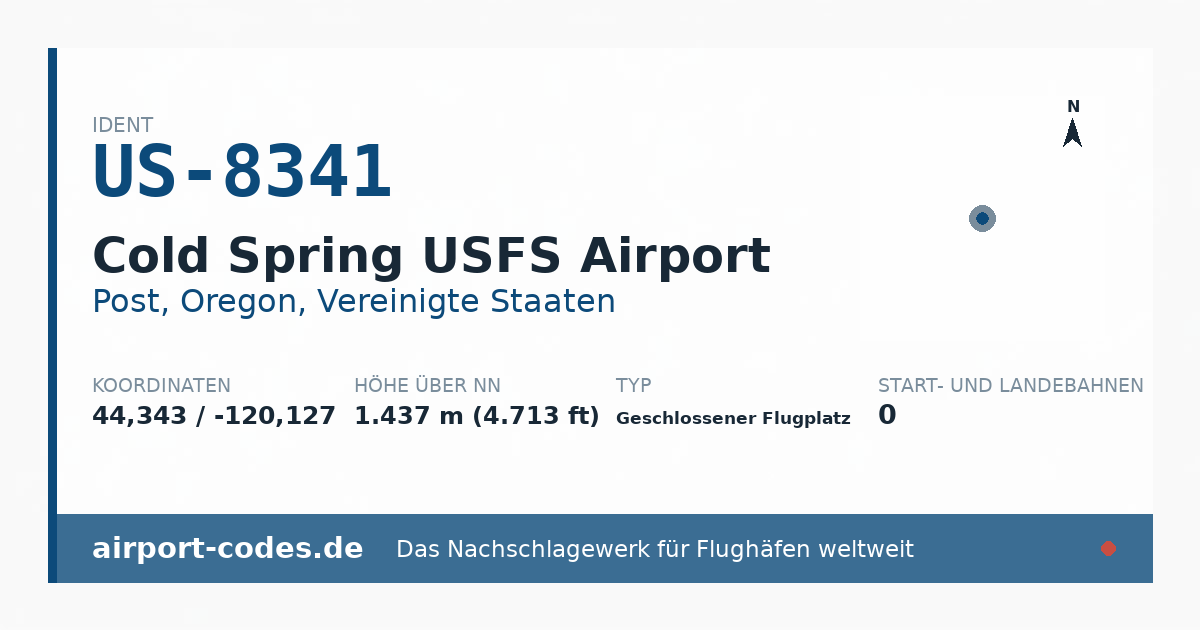 Generierte Übersichtsgrafik zum Flughafen Cold Spring USFS Airport mit Codes, Koordinaten und Bahnenskizze