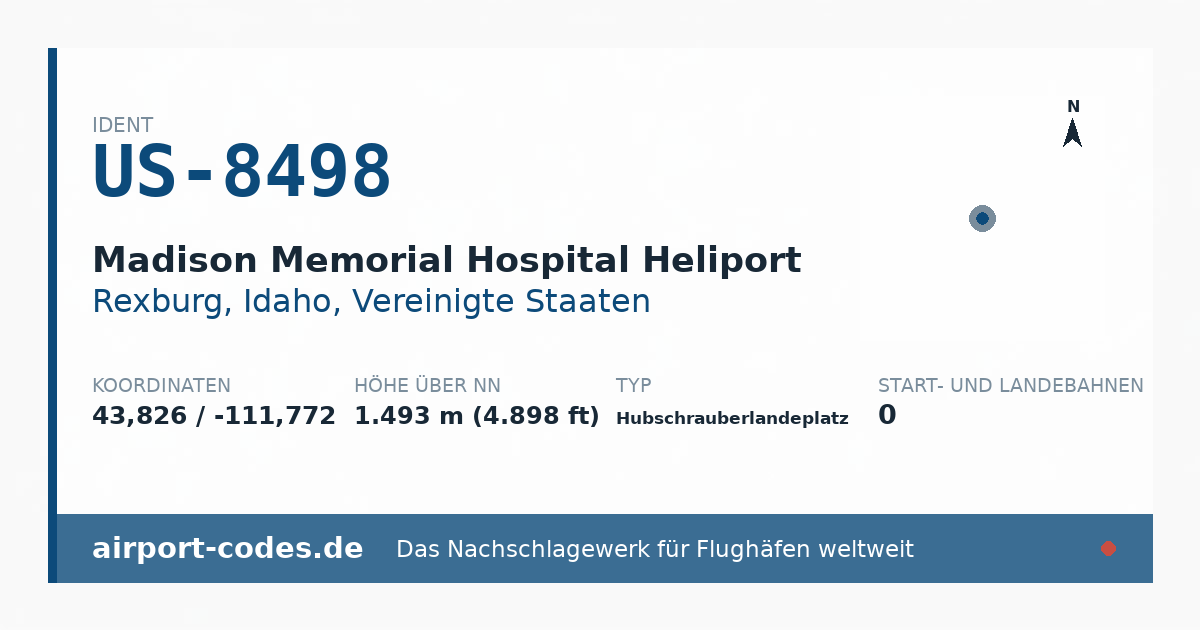 Generierte Übersichtsgrafik zum Flughafen Madison Memorial Hospital Heliport mit Codes, Koordinaten und Bahnenskizze