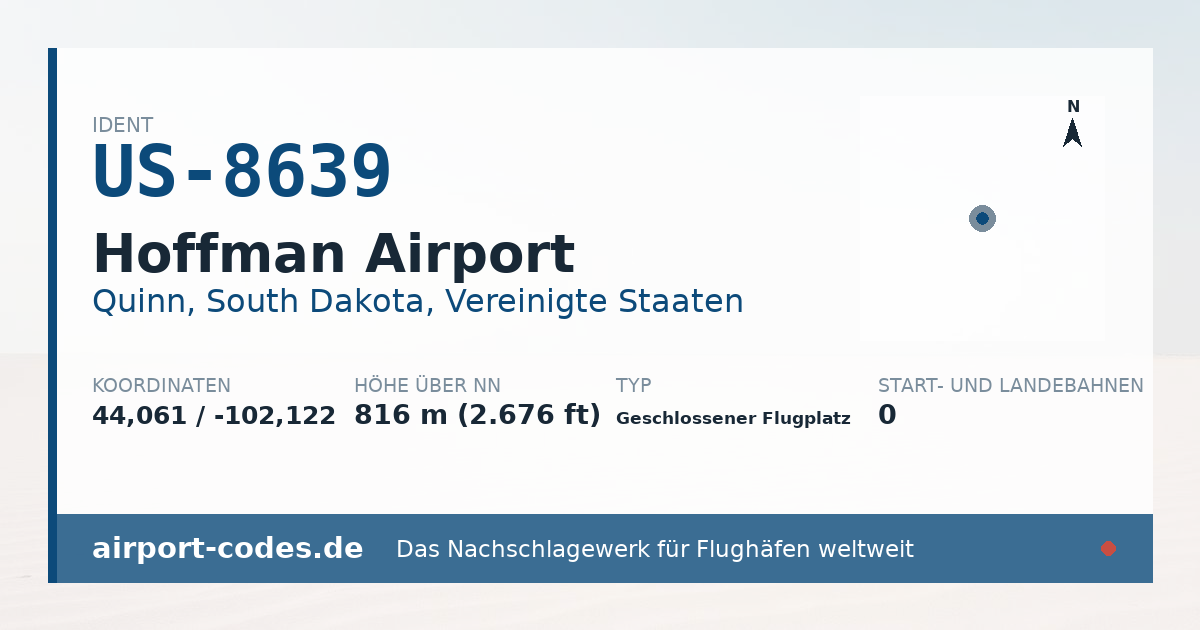 Generierte Übersichtsgrafik zum Flughafen Hoffman Airport mit Codes, Koordinaten und Bahnenskizze