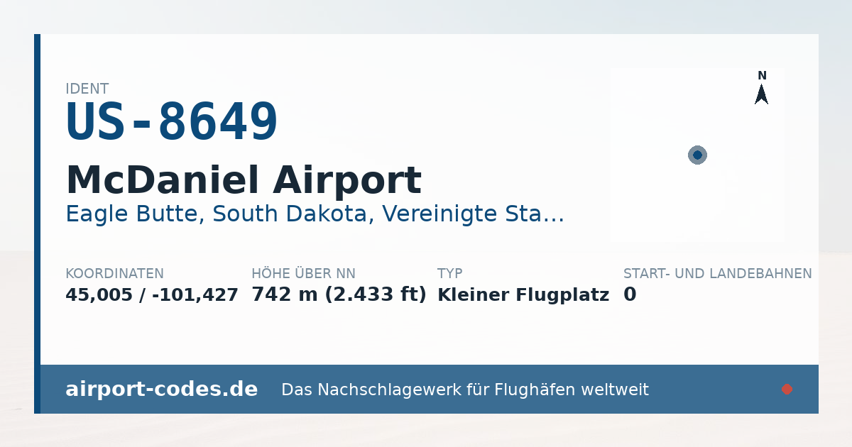 Generierte Übersichtsgrafik zum Flughafen McDaniel Airport mit Codes, Koordinaten und Bahnenskizze