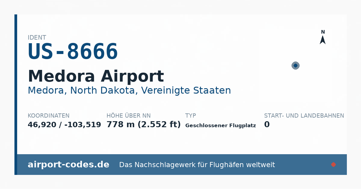Generierte Übersichtsgrafik zum Flughafen Medora Airport mit Codes, Koordinaten und Bahnenskizze
