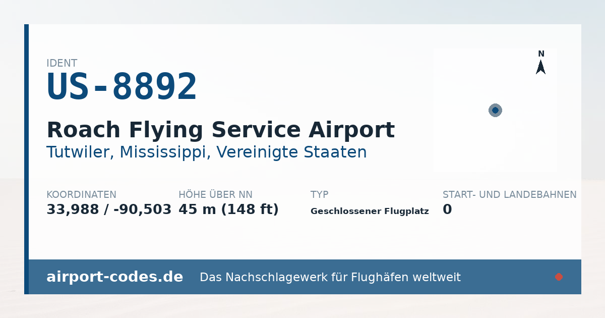 Generierte Übersichtsgrafik zum Flughafen Roach Flying Service Airport mit Codes, Koordinaten und Bahnenskizze
