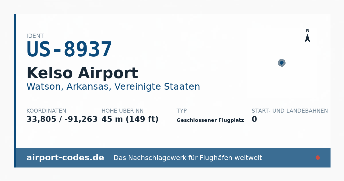 Generierte Übersichtsgrafik zum Flughafen Kelso Airport mit Codes, Koordinaten und Bahnenskizze
