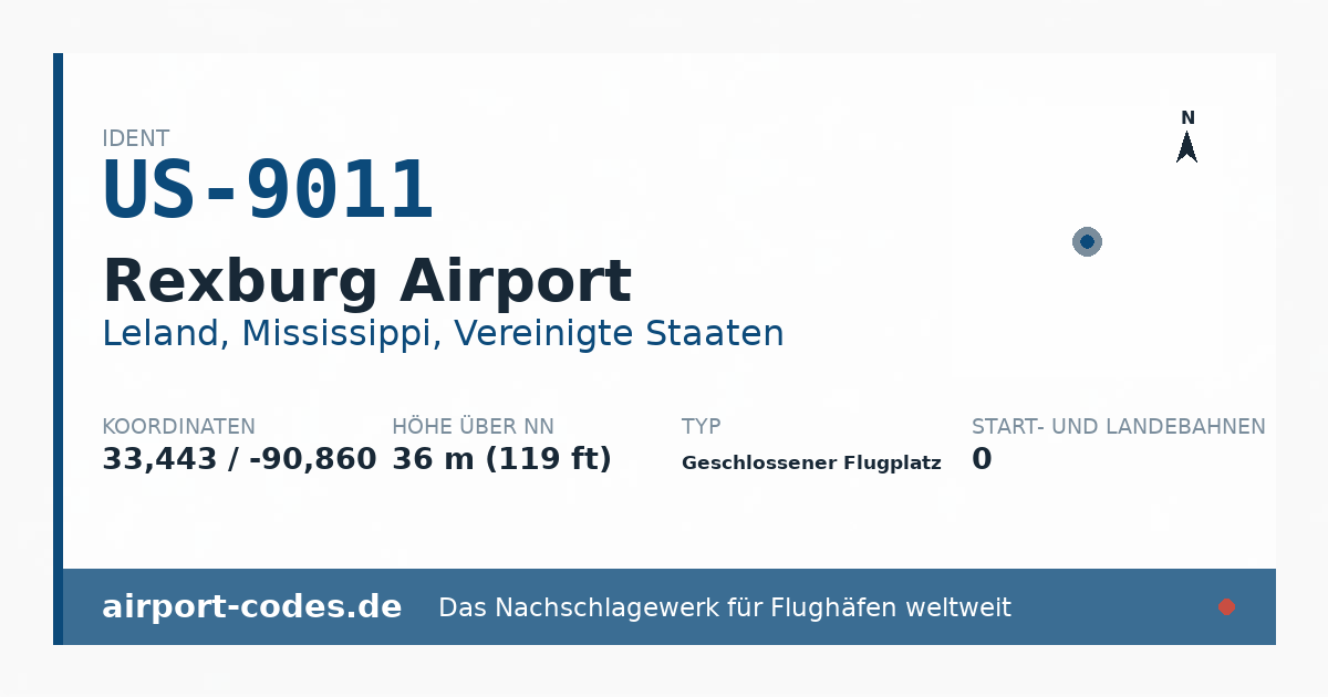 Generierte Übersichtsgrafik zum Flughafen Rexburg Airport mit Codes, Koordinaten und Bahnenskizze
