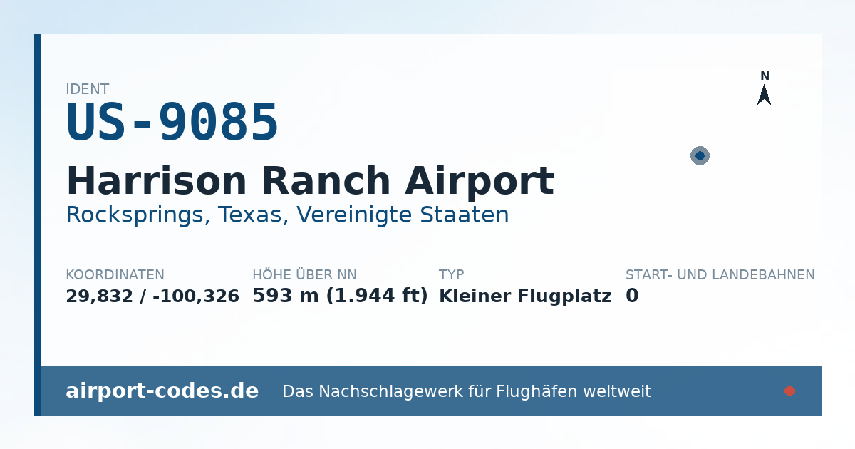 Generierte Übersichtsgrafik zum Flughafen Harrison Ranch Airport mit Codes, Koordinaten und Bahnenskizze