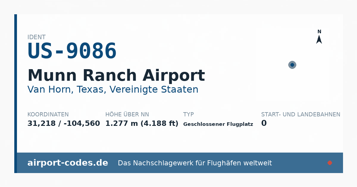 Generierte Übersichtsgrafik zum Flughafen Munn Ranch Airport mit Codes, Koordinaten und Bahnenskizze