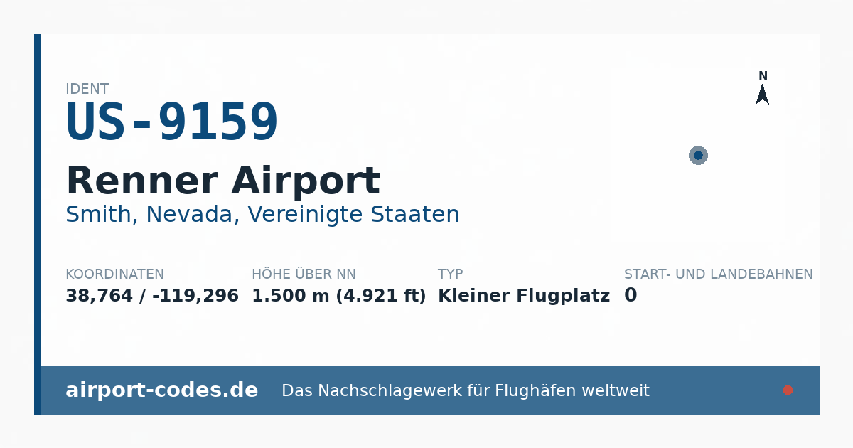 Generierte Übersichtsgrafik zum Flughafen Renner Airport mit Codes, Koordinaten und Bahnenskizze