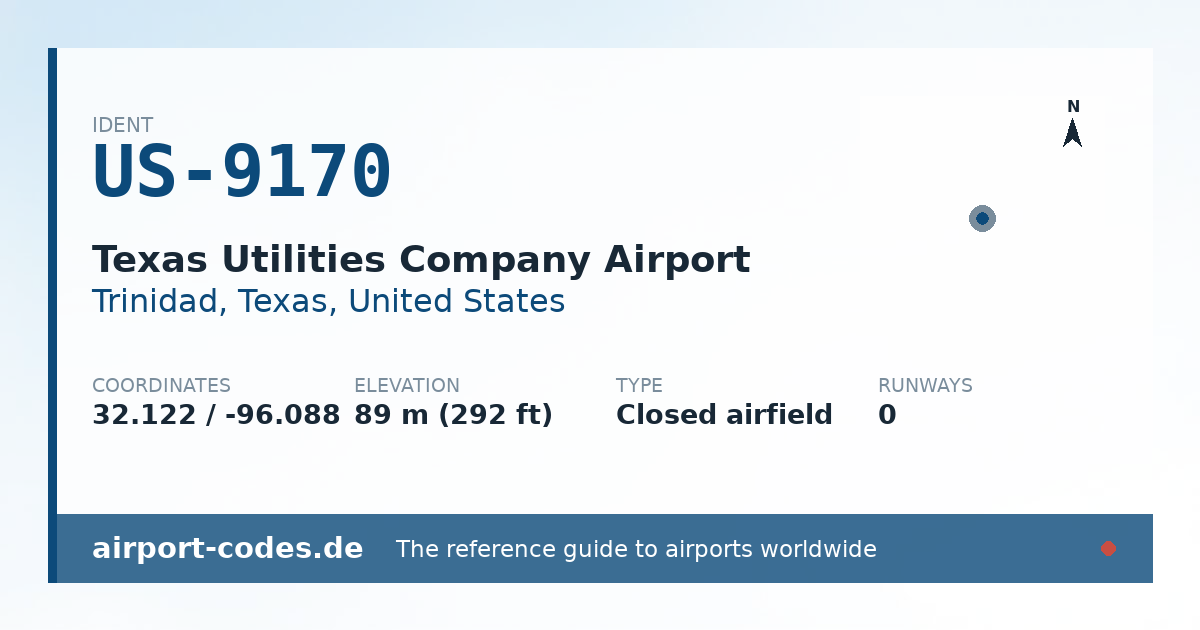 Generated summary graphic for Texas Utilities Company Airport showing codes, coordinates and a runway sketch