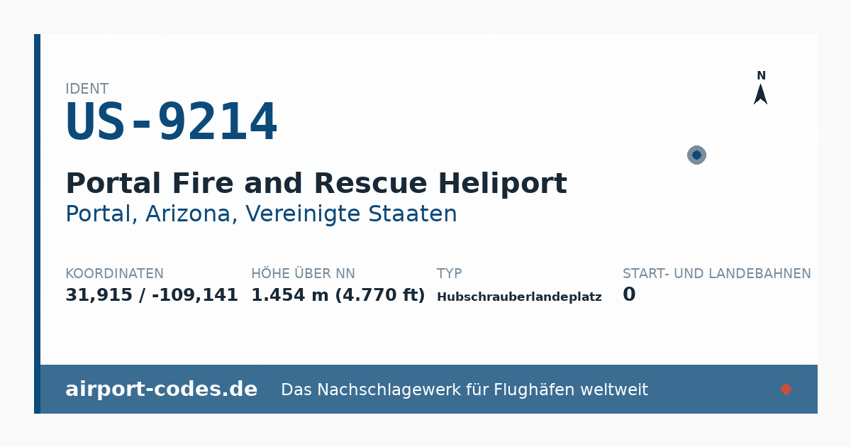 Generierte Übersichtsgrafik zum Flughafen Portal Fire and Rescue Heliport mit Codes, Koordinaten und Bahnenskizze