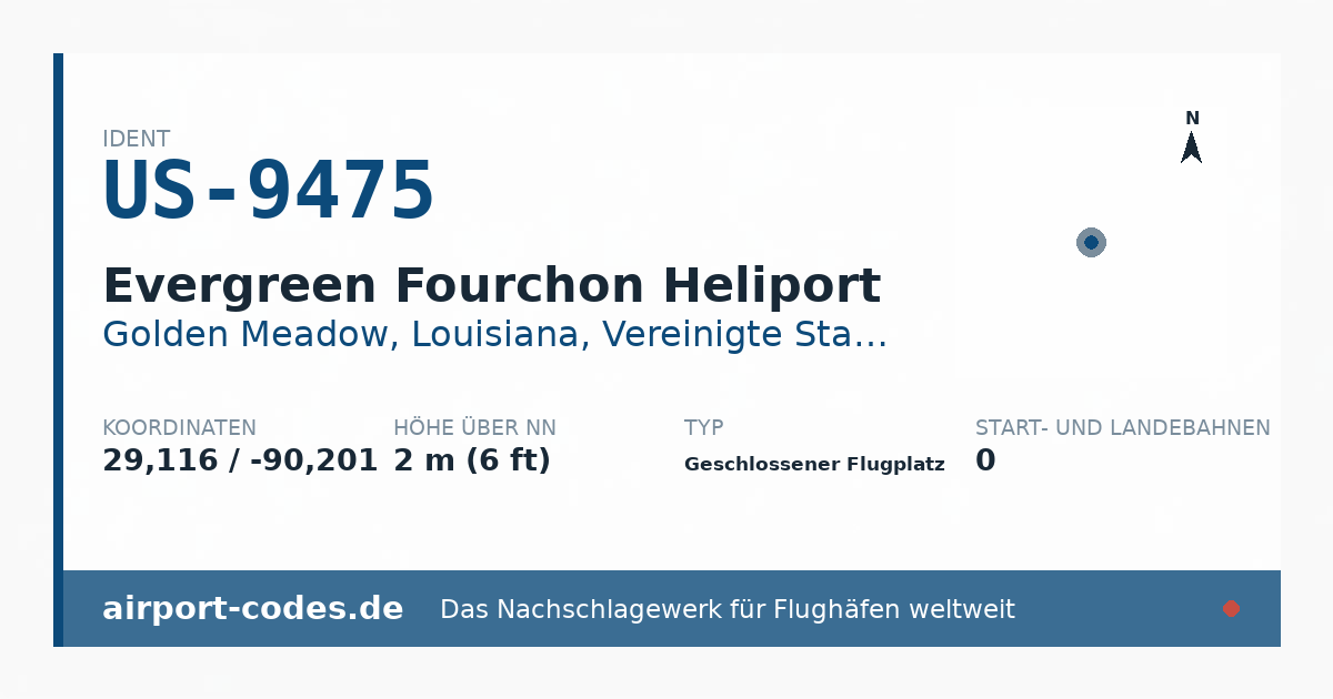 Generierte Übersichtsgrafik zum Flughafen Evergreen Fourchon Heliport mit Codes, Koordinaten und Bahnenskizze