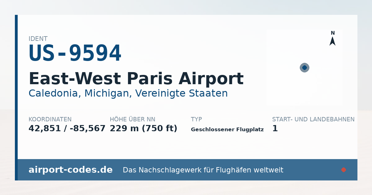 Generierte Übersichtsgrafik zum Flughafen East-West Paris Airport mit Codes, Koordinaten und Bahnenskizze