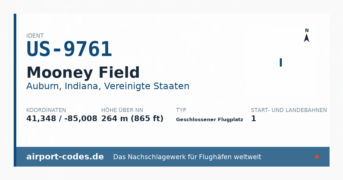 Generierte Übersichtsgrafik zum Flughafen Mooney Field mit Codes, Koordinaten und Bahnenskizze
