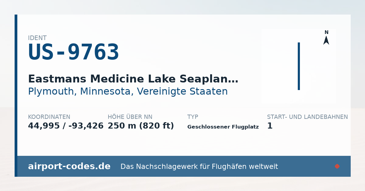Generierte Übersichtsgrafik zum Flughafen Eastmans Medicine Lake Seaplane Base mit Codes, Koordinaten und Bahnenskizze