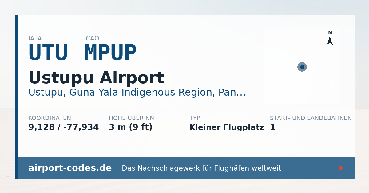 Generierte Übersichtsgrafik zum Flughafen Ustupu Airport mit Codes, Koordinaten und Bahnenskizze
