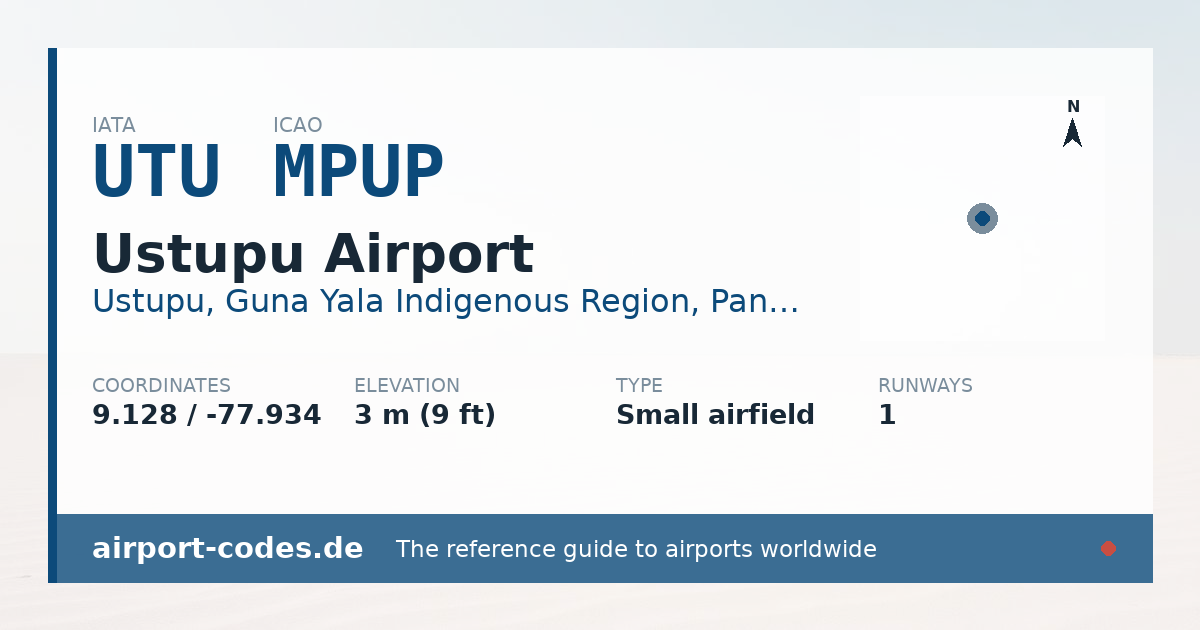Generated summary graphic for Ustupu Airport showing codes, coordinates and a runway sketch