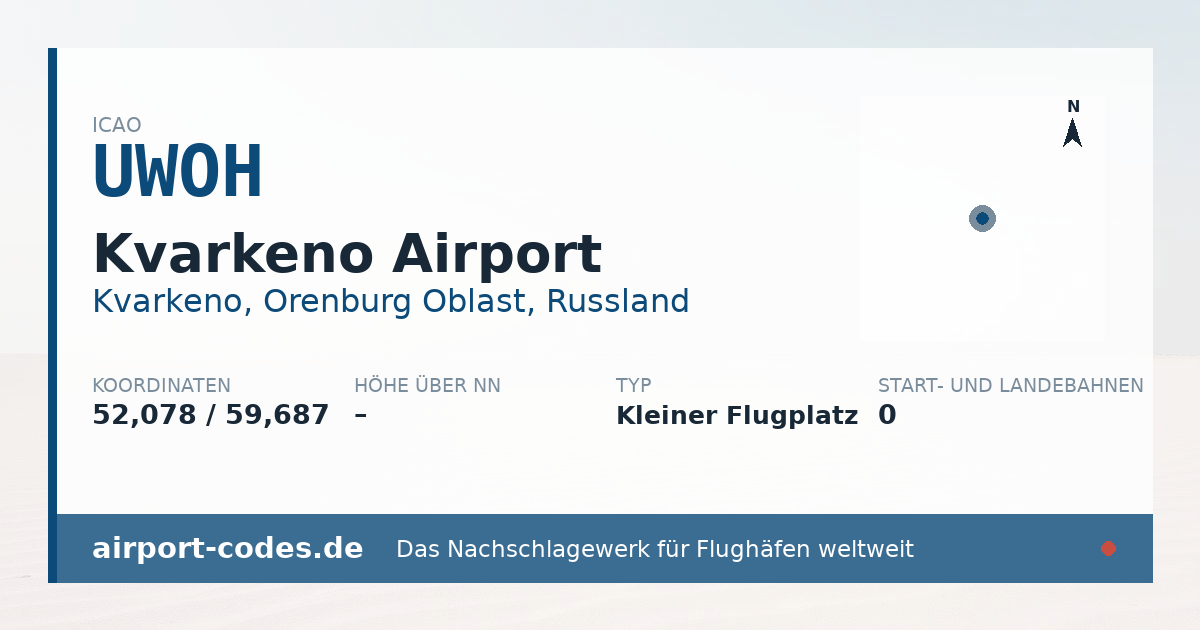 Generierte Übersichtsgrafik zum Flughafen Kvarkeno Airport mit Codes, Koordinaten und Bahnenskizze