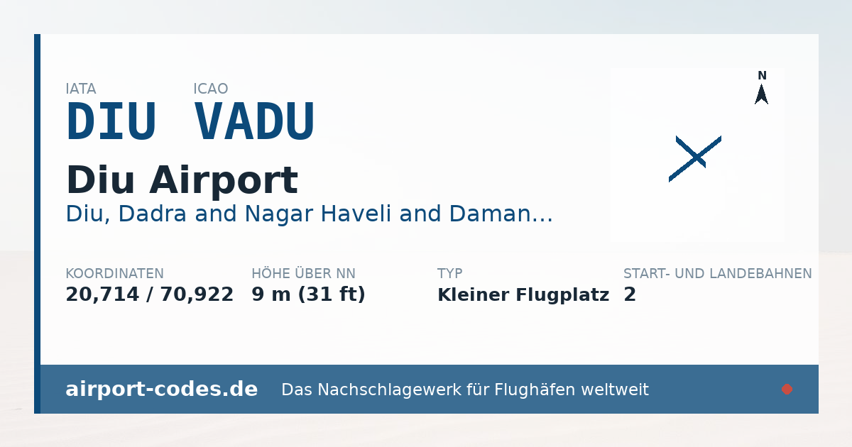 Generierte Übersichtsgrafik zum Flughafen Diu Airport mit Codes, Koordinaten und Bahnenskizze
